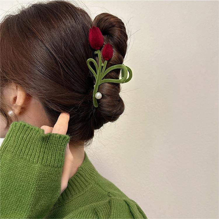 Schicke beflockte Tulpen-Chignon-Haarspange mit Krallenclip