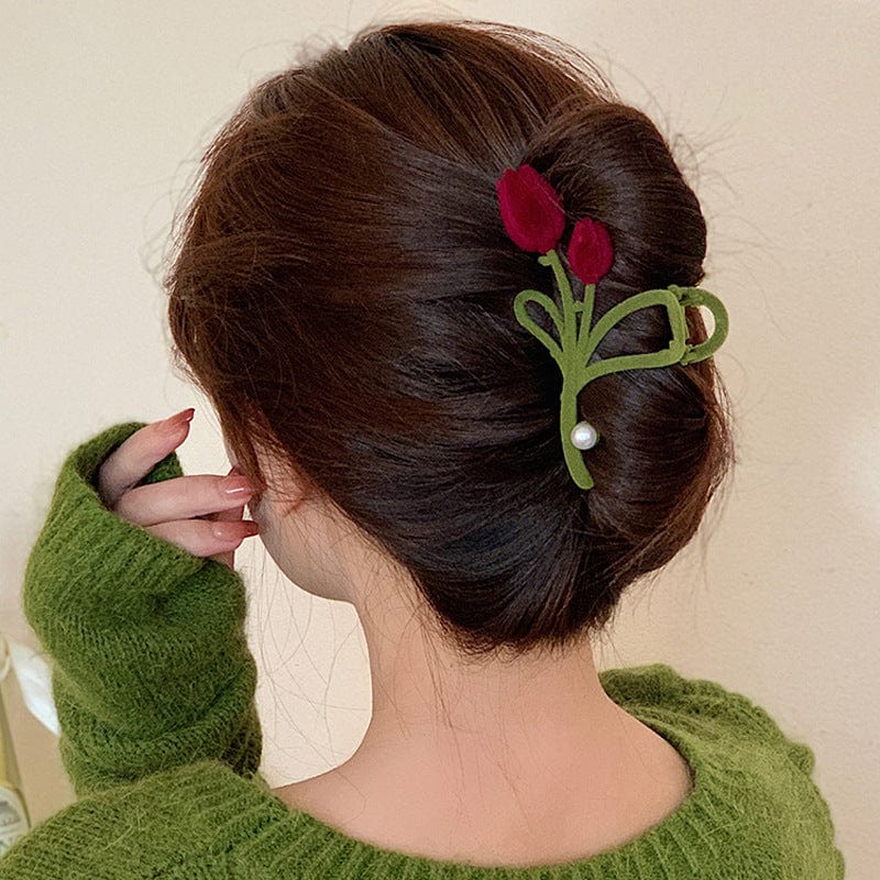 Schicke beflockte Tulpen-Chignon-Haarspange mit Krallenclip