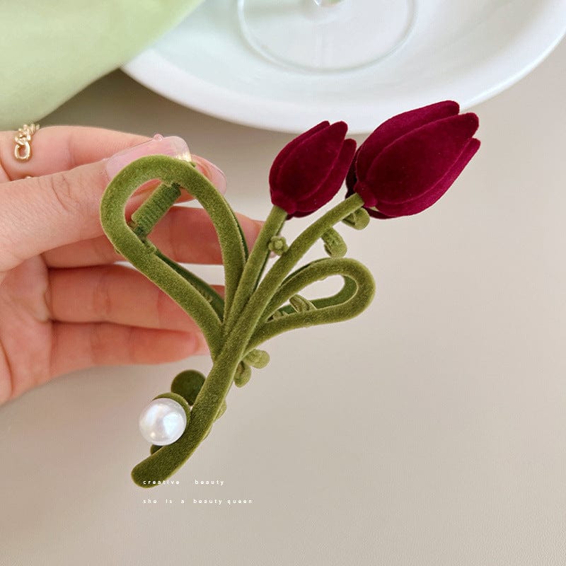 Schicke beflockte Tulpen-Chignon-Haarspange mit Krallenclip