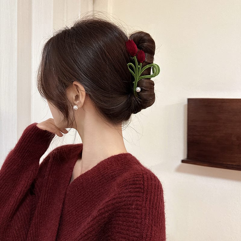 Schicke beflockte Tulpen-Chignon-Haarspange mit Krallenclip