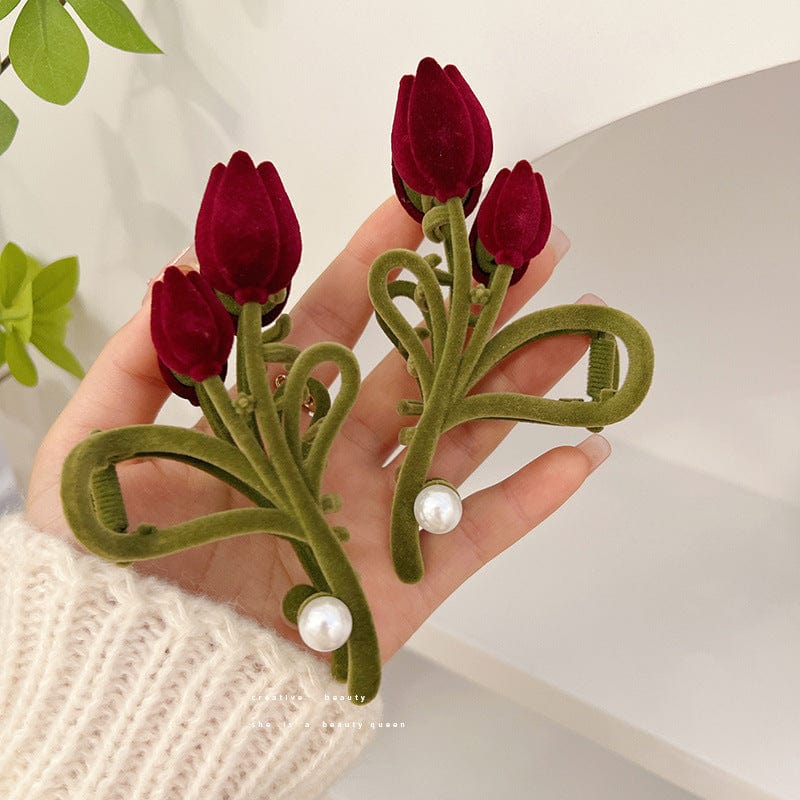 Schicke beflockte Tulpen-Chignon-Haarspange mit Krallenclip
