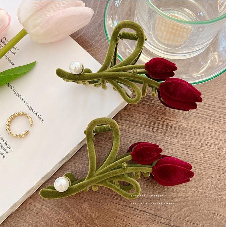 Schicke beflockte Tulpen-Chignon-Haarspange mit Krallenclip