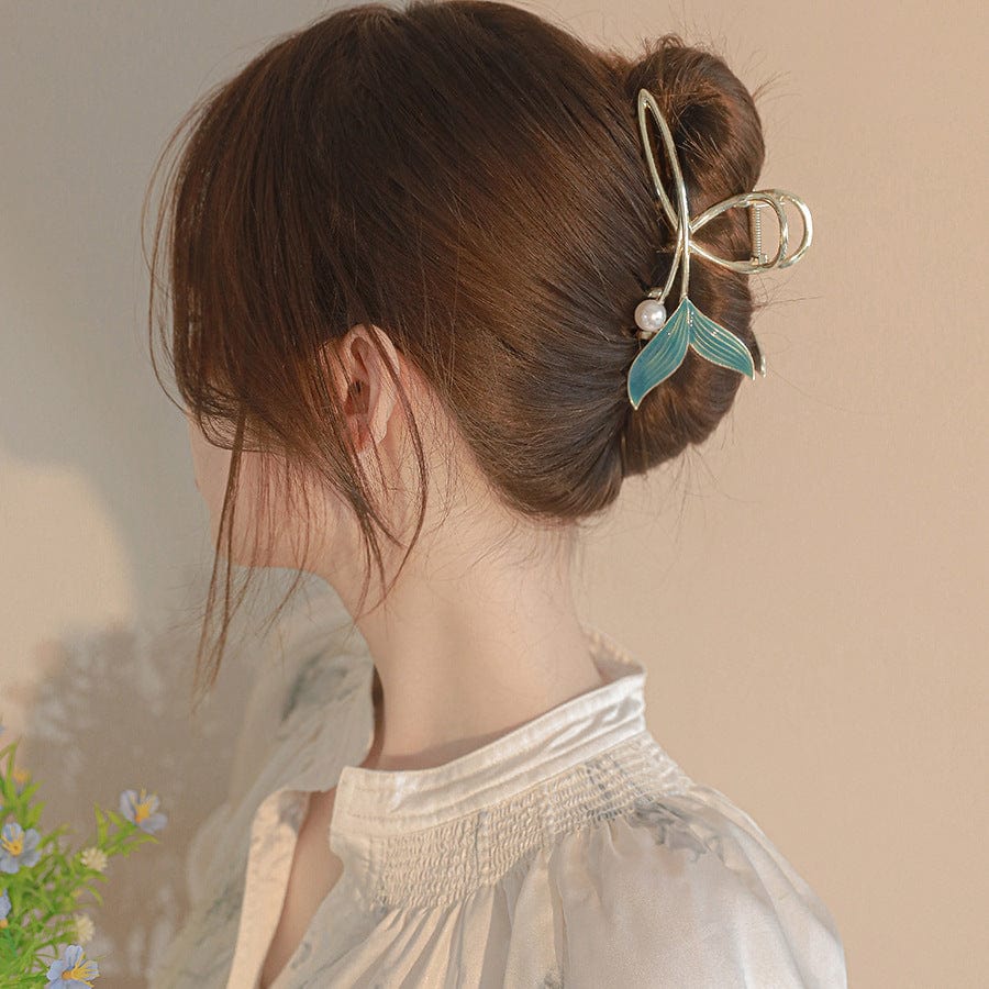 Handmade Enamel Mermaid Pearl Charm Chignon Claw Clip Hair Clip