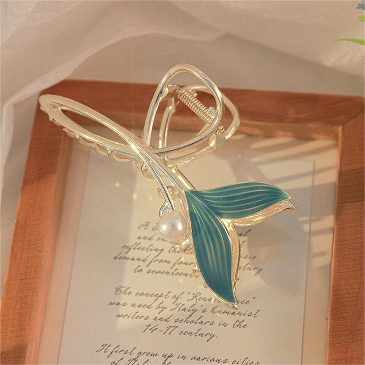 Handmade Enamel Mermaid Pearl Charm Chignon Claw Clip Hair Clip