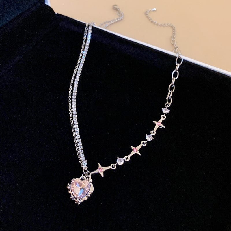 Layered Pink And Black Crystal Heart Pendant Star Chain Necklace