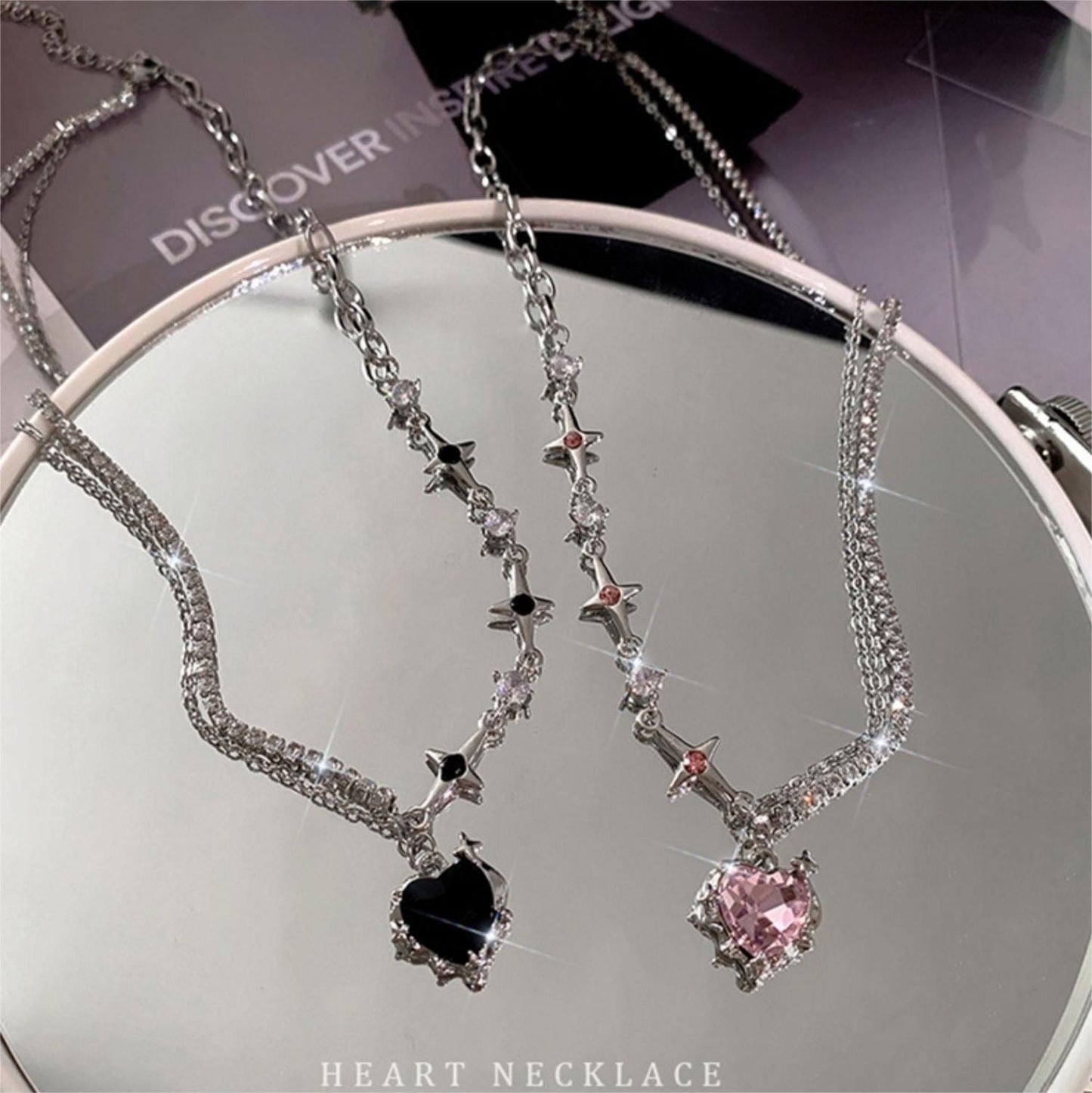 Layered Pink And Black Crystal Heart Pendant Star Chain Necklace