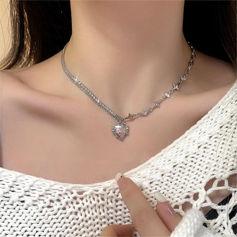 Layered Pink And Black Crystal Heart Pendant Star Chain Necklace