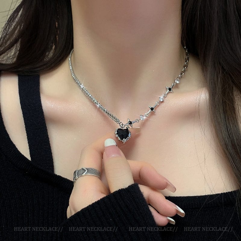 Layered Pink And Black Crystal Heart Pendant Star Chain Necklace