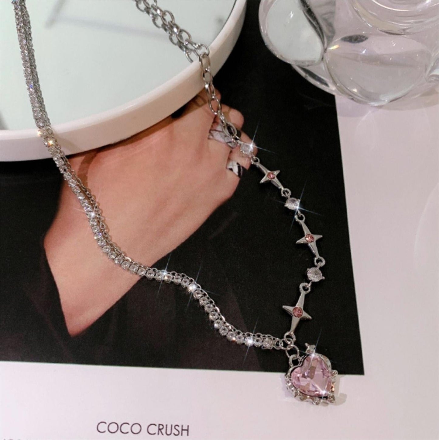 Layered Pink And Black Crystal Heart Pendant Star Chain Necklace