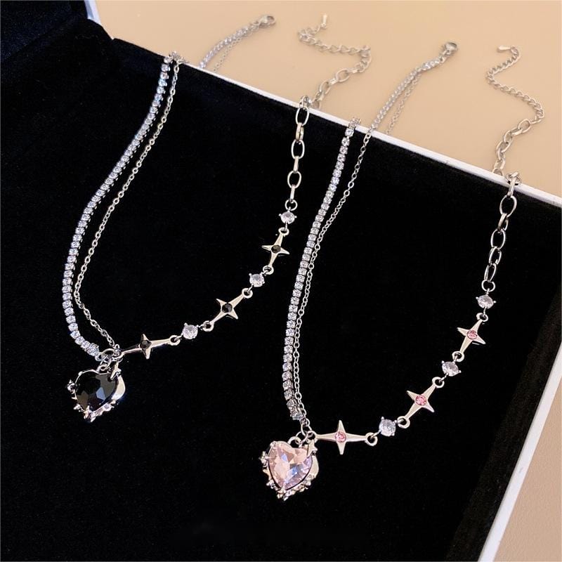 Layered Pink And Black Crystal Heart Pendant Star Chain Necklace