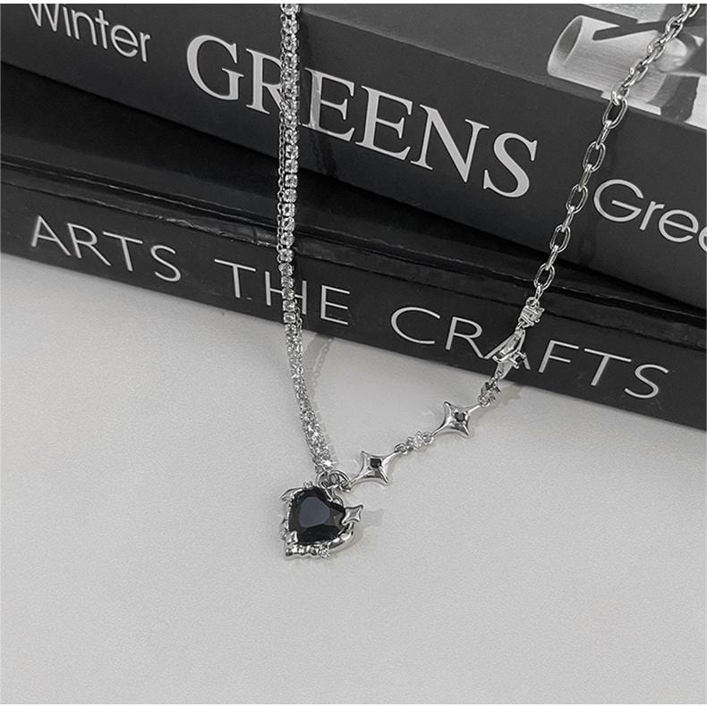 Layered Pink And Black Crystal Heart Pendant Star Chain Necklace