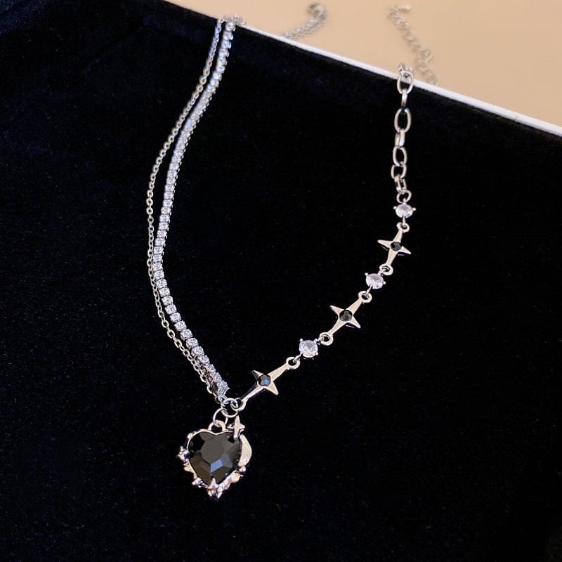 Layered Pink And Black Crystal Heart Pendant Star Chain Necklace