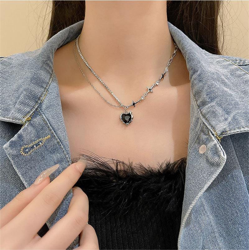 Layered Pink And Black Crystal Heart Pendant Star Chain Necklace