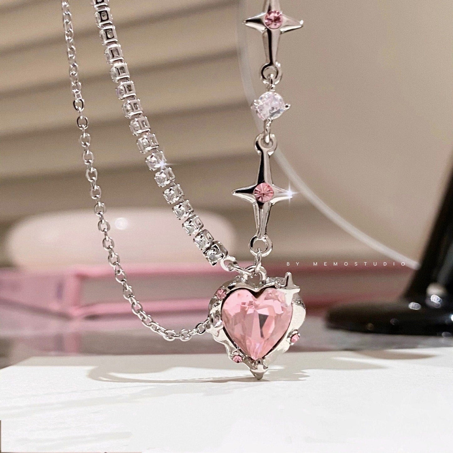 Chic Pink Crystal Heart Pendant Star Chain Necklace