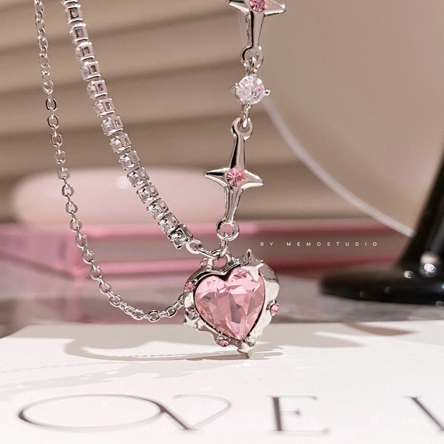 Chic Pink Crystal Heart Pendant Star Chain Necklace