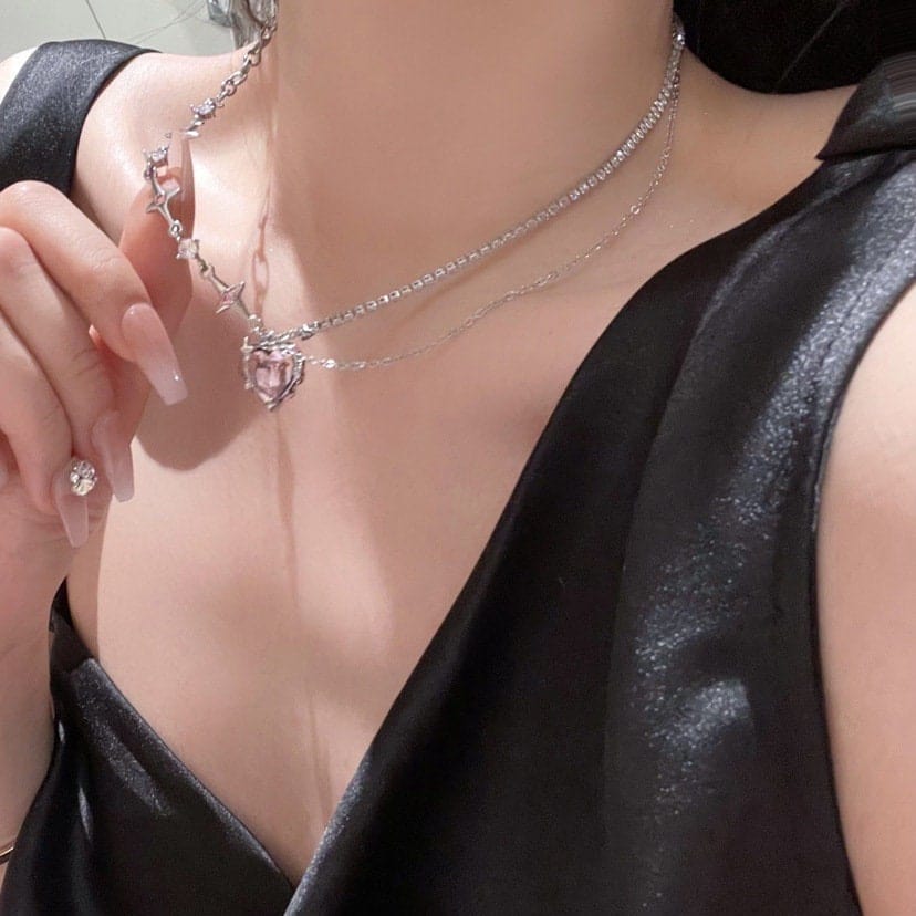 Chic Pink Crystal Heart Pendant Star Chain Necklace