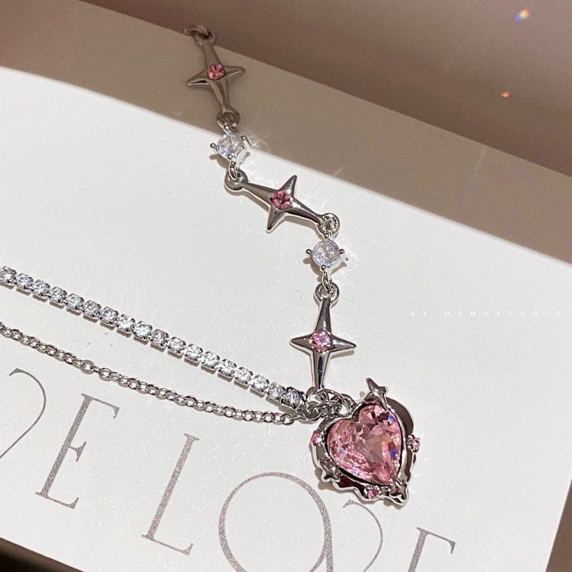 Chic Pink Crystal Heart Pendant Star Chain Necklace