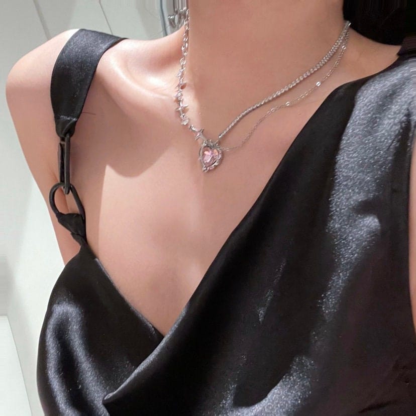 Chic Pink Crystal Heart Pendant Star Chain Necklace