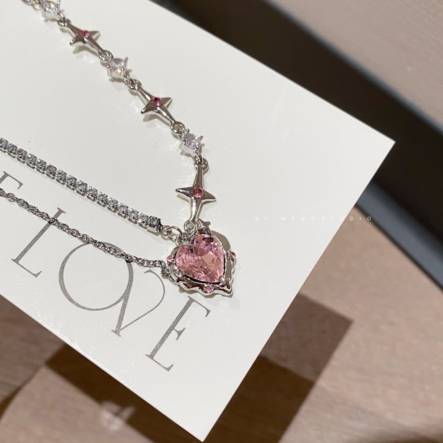 Chic Pink Crystal Heart Pendant Star Chain Necklace