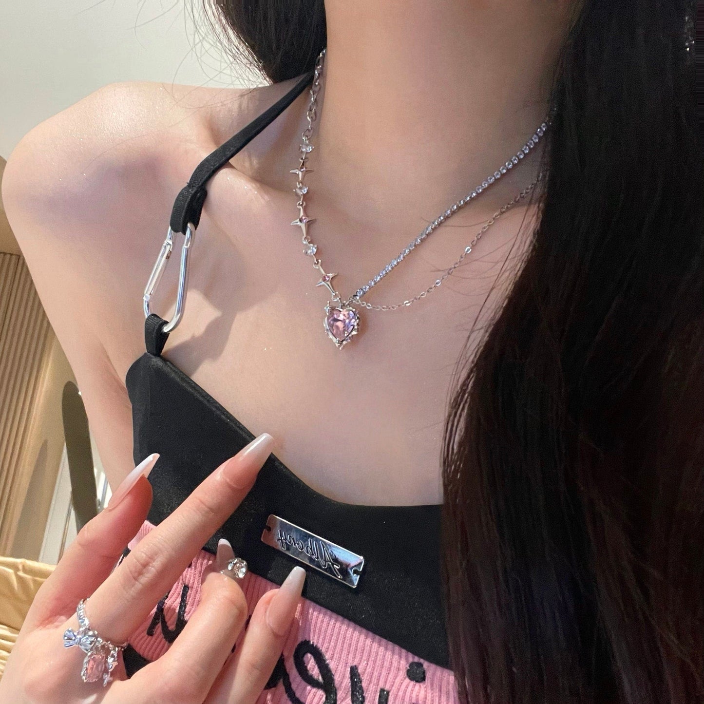 Chic Pink Crystal Heart Pendant Star Chain Necklace