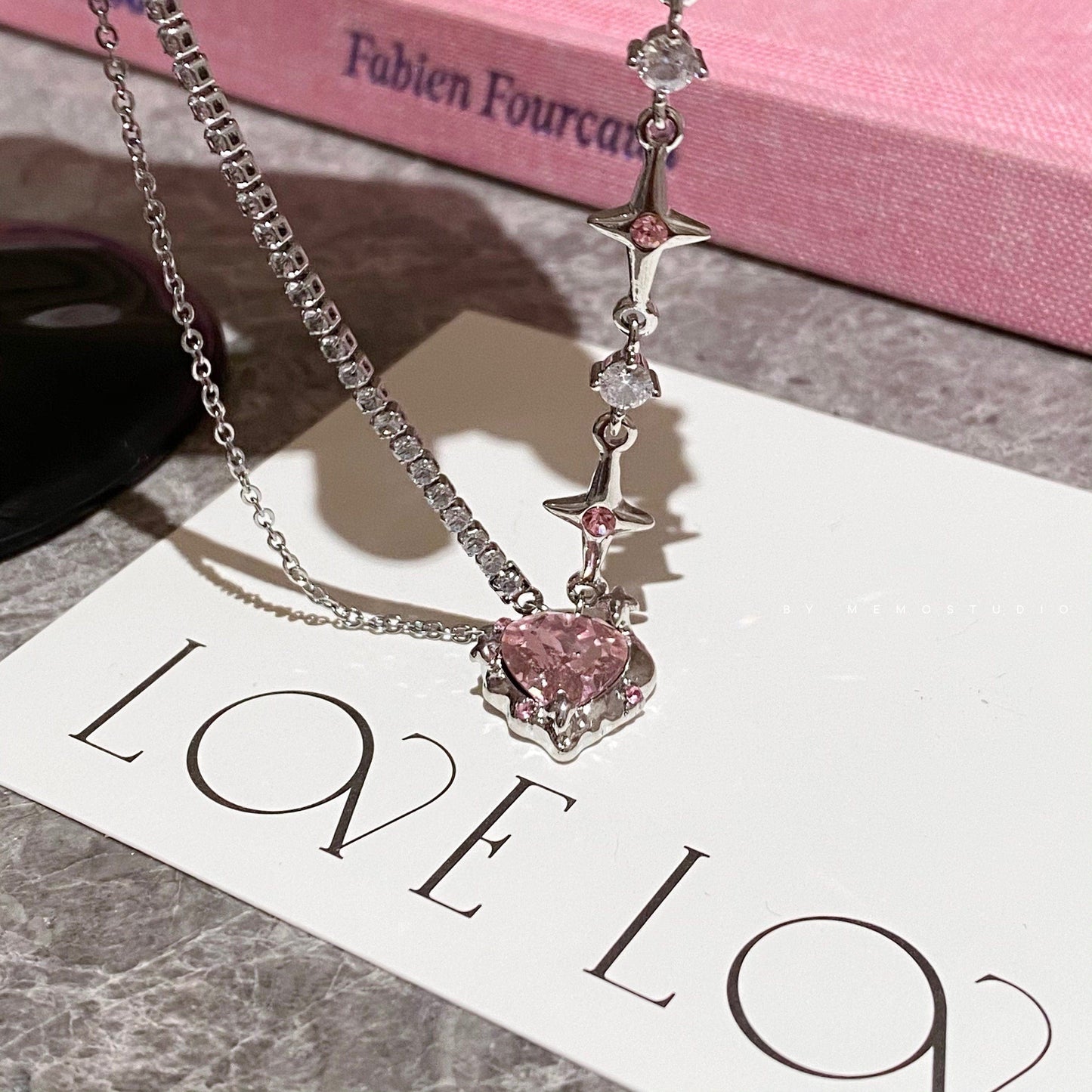 Chic Pink Crystal Heart Pendant Star Chain Necklace