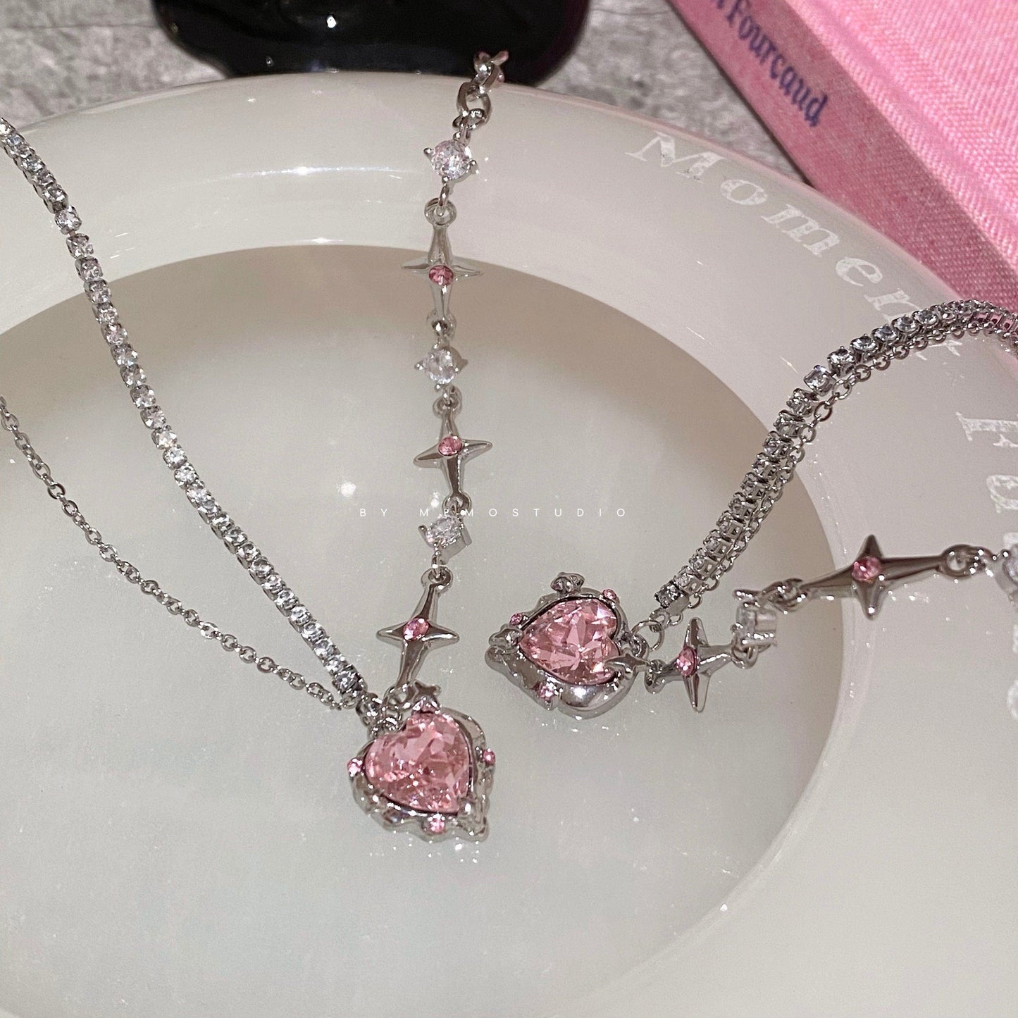 Chic Pink Crystal Heart Pendant Star Chain Necklace