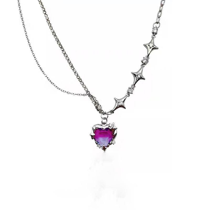 Purple Crystal Heart Pendant Star Chain Necklace