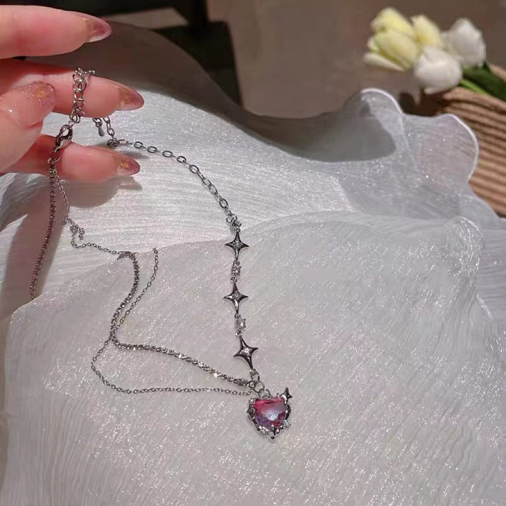 Purple Crystal Heart Pendant Star Chain Necklace