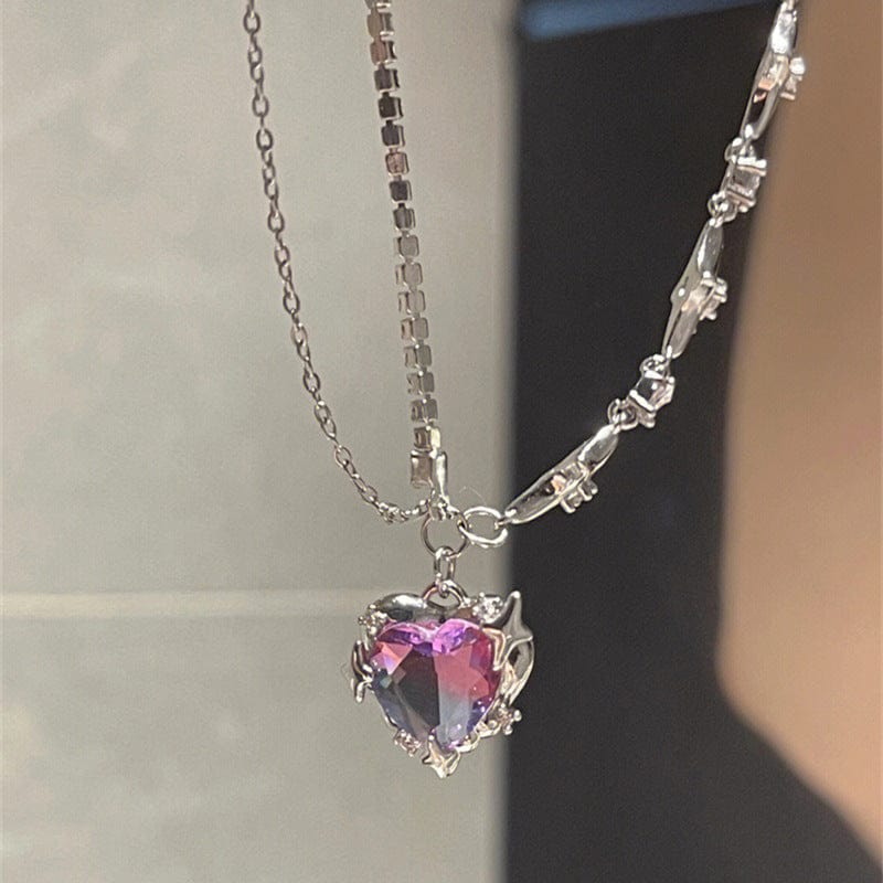 Purple Crystal Heart Pendant Star Chain Necklace