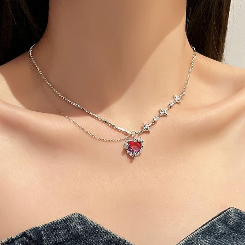 Purple Crystal Heart Pendant Star Chain Necklace