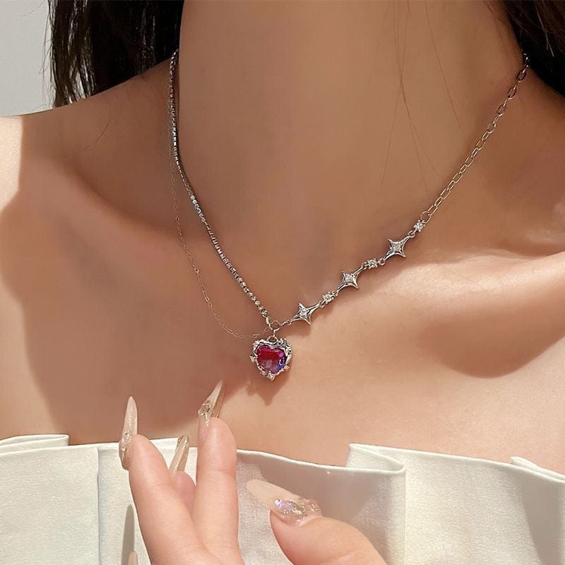 Purple Crystal Heart Pendant Star Chain Necklace