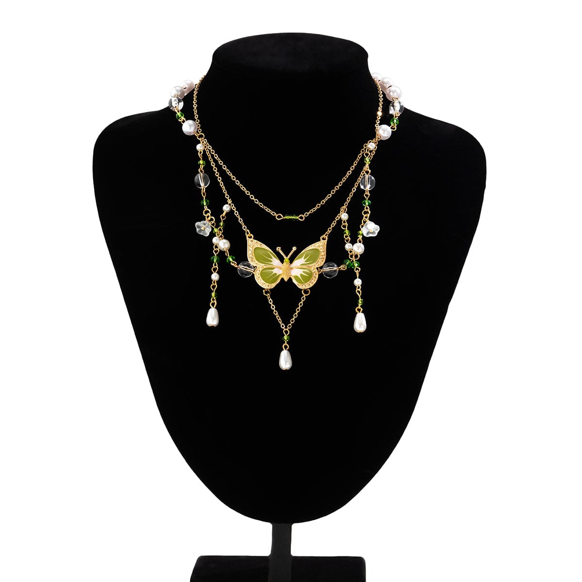 Elegant Layered Floral Pearl Butterfly Necklace