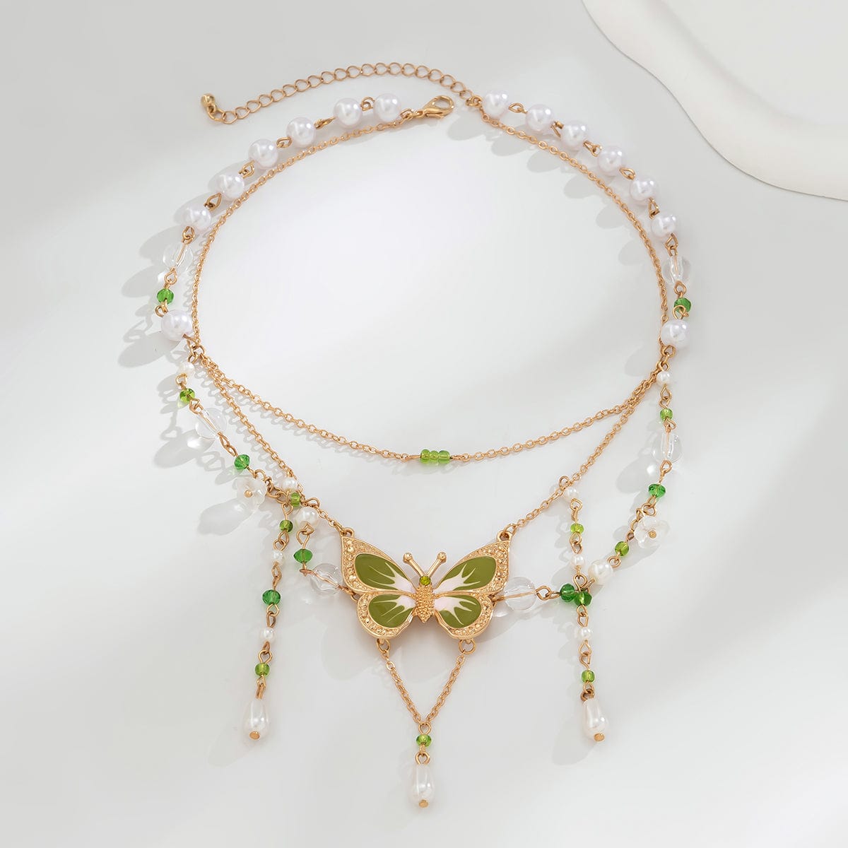 Elegant Layered Floral Pearl Butterfly Necklace