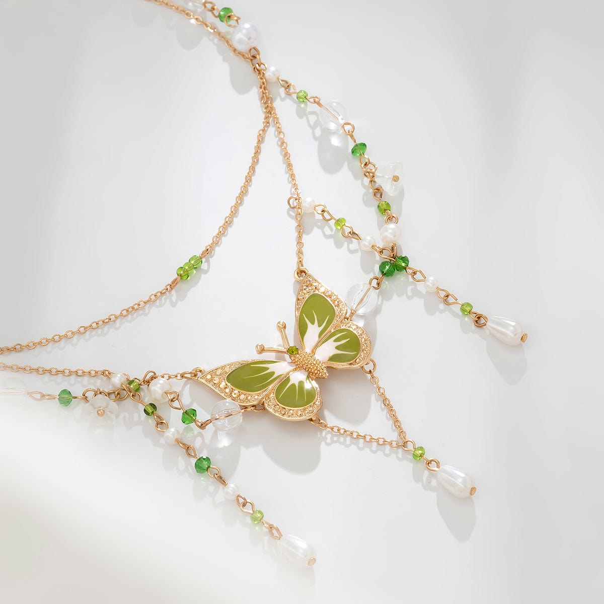 Elegant Layered Floral Pearl Butterfly Necklace