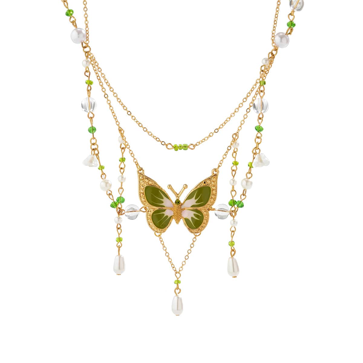 Elegant Layered Floral Pearl Butterfly Necklace