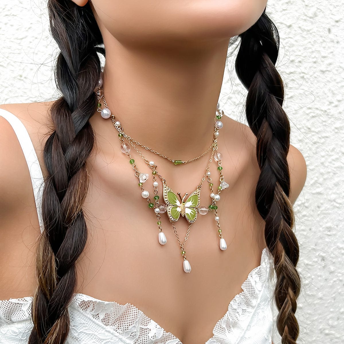 Elegant Layered Floral Pearl Butterfly Necklace