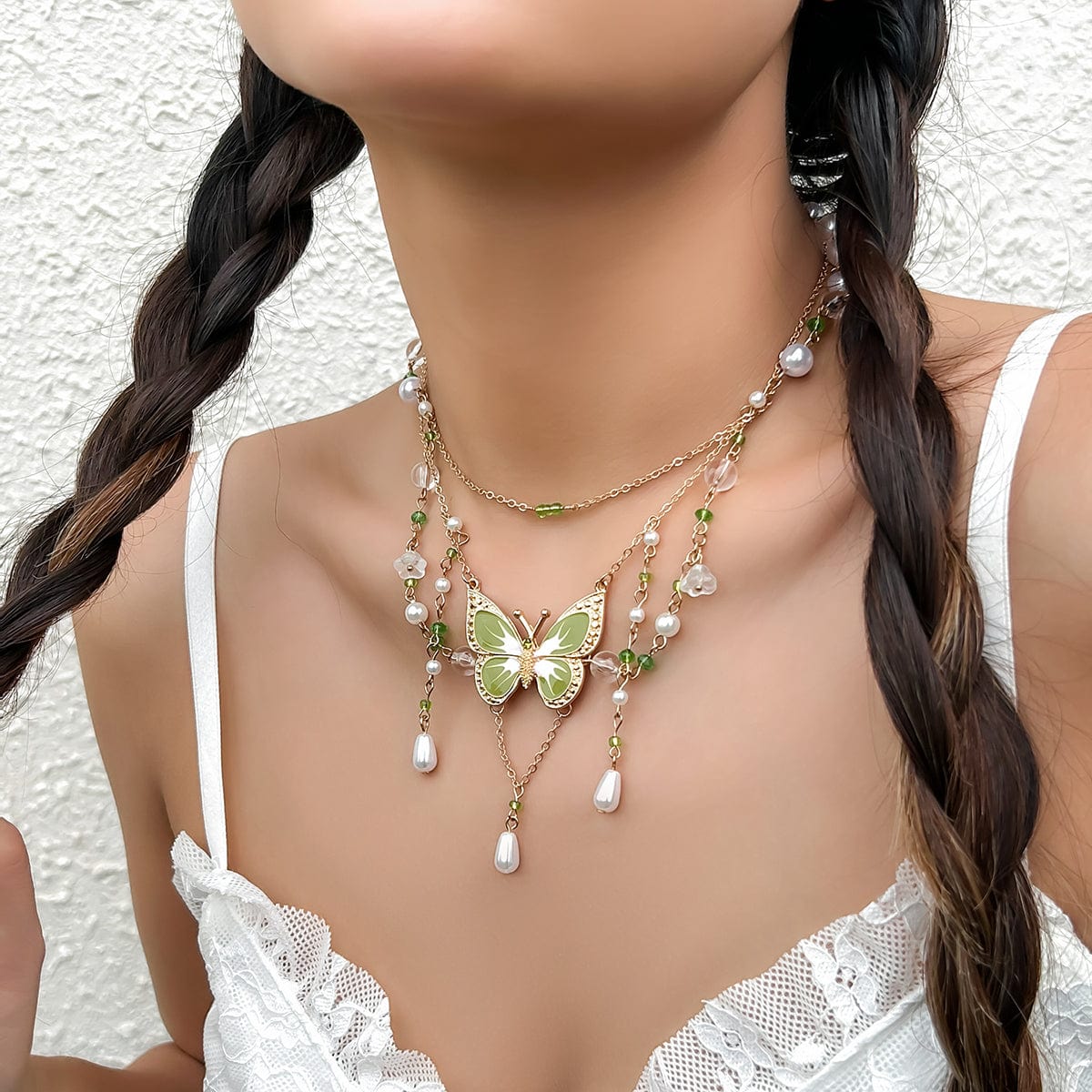 Elegant Layered Floral Pearl Butterfly Necklace