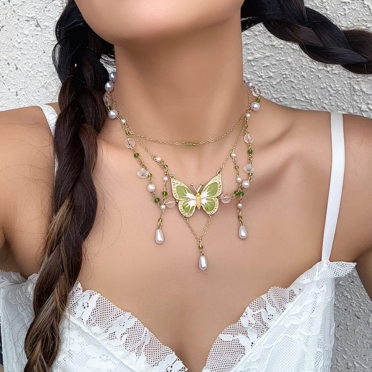 Elegant Layered Floral Pearl Butterfly Necklace