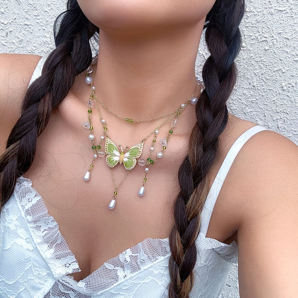 Elegant Layered Floral Pearl Butterfly Necklace