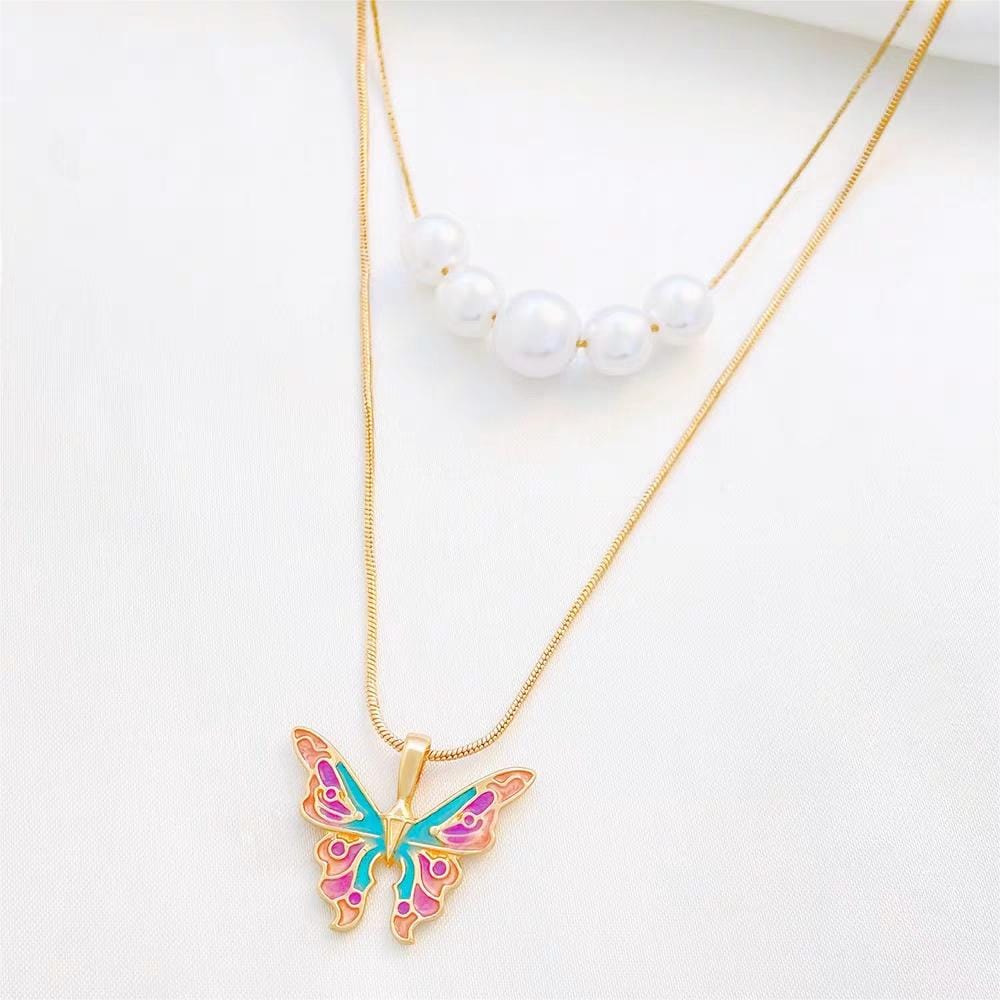 Kawaii Layered Pearl Charm Enamel Butterfly Necklace