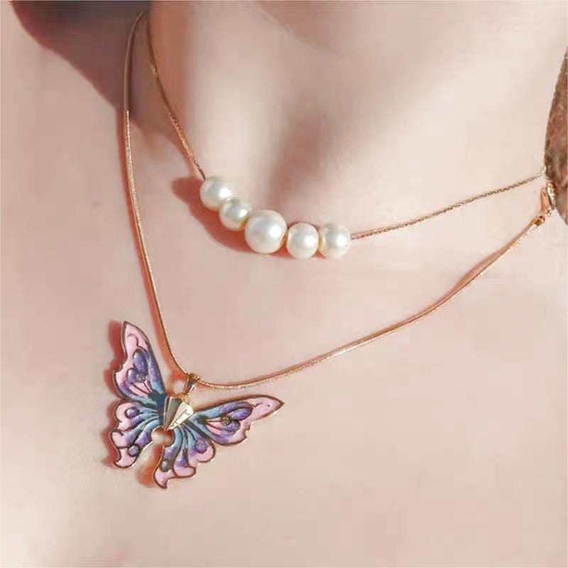 Kawaii Layered Pearl Charm Enamel Butterfly Necklace