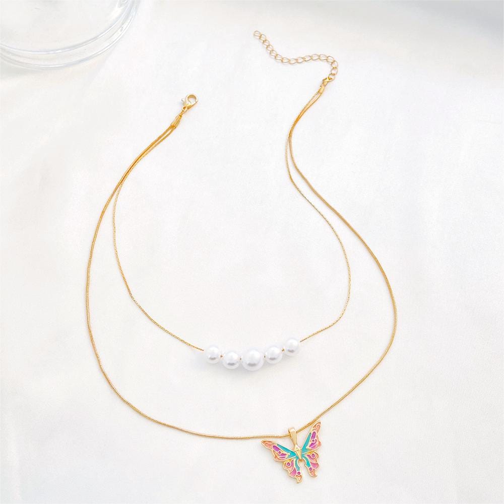 Kawaii Layered Pearl Charm Enamel Butterfly Necklace