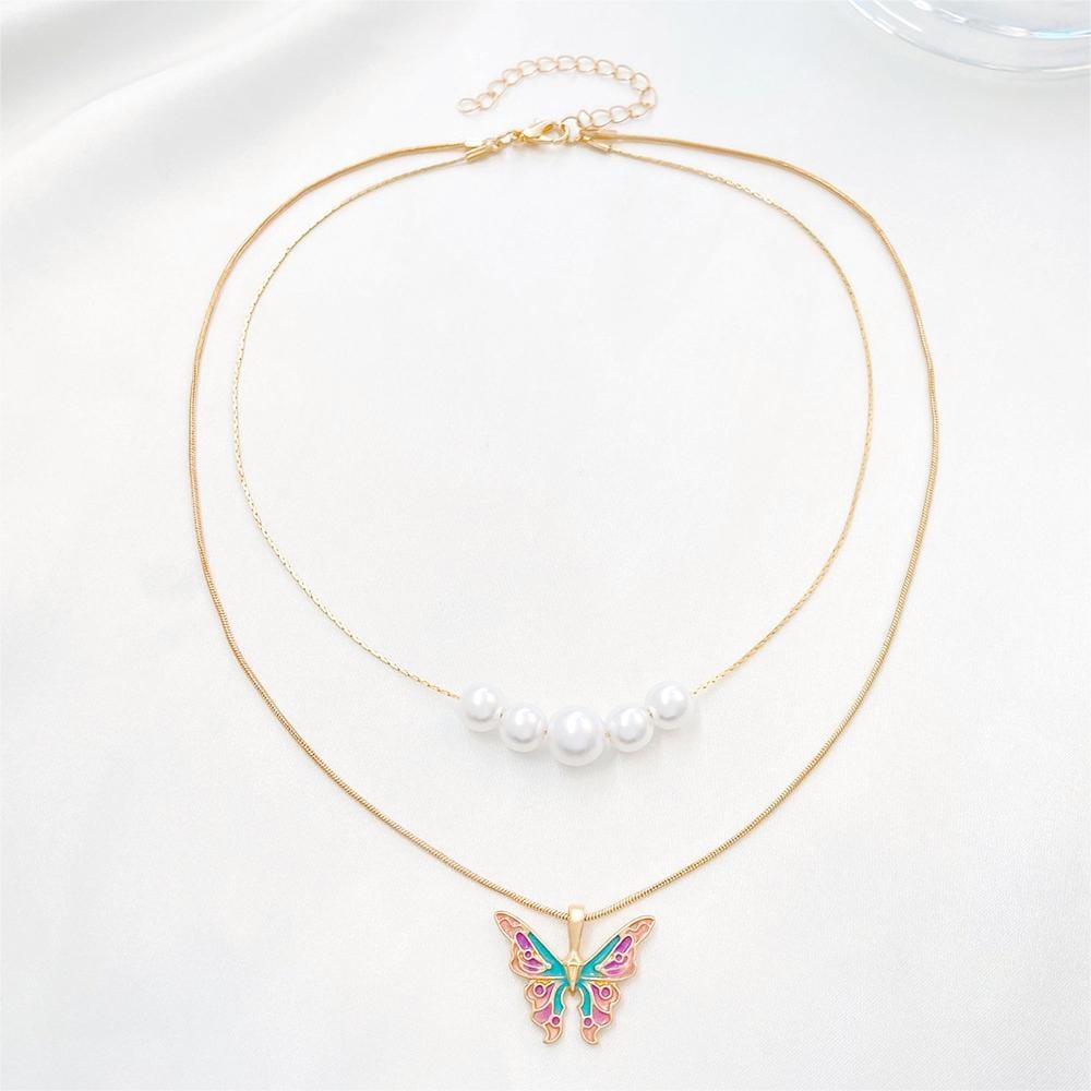 Kawaii Layered Pearl Charm Enamel Butterfly Necklace