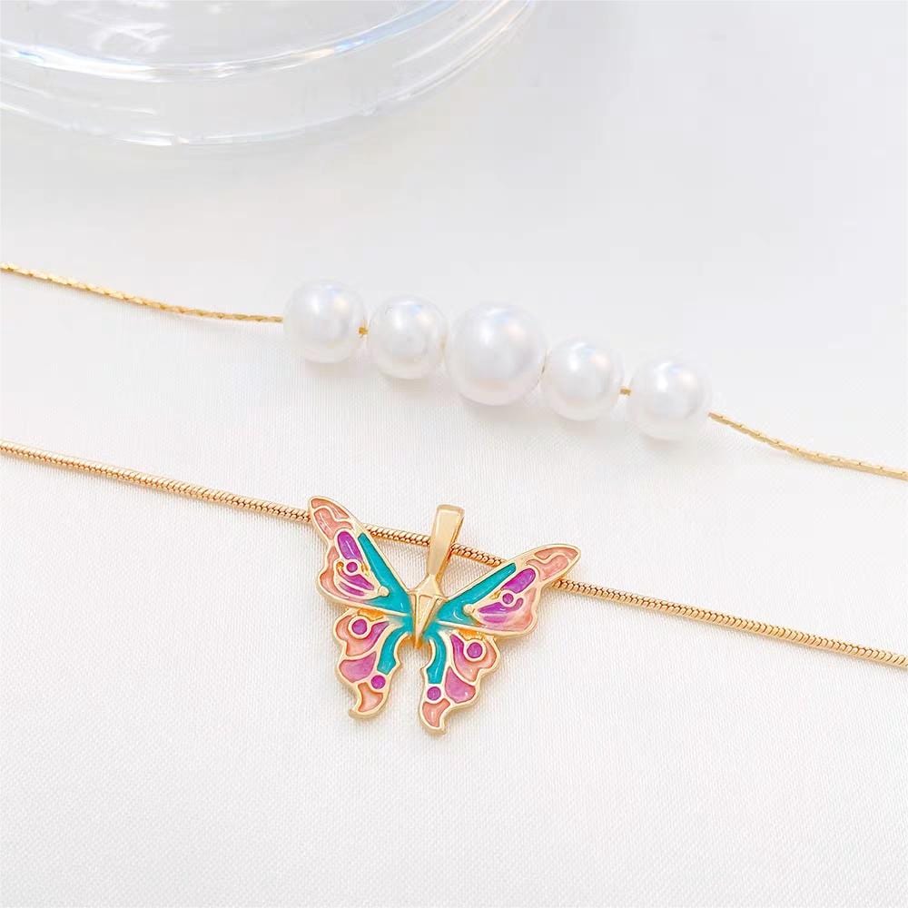 Kawaii Layered Pearl Charm Enamel Butterfly Necklace