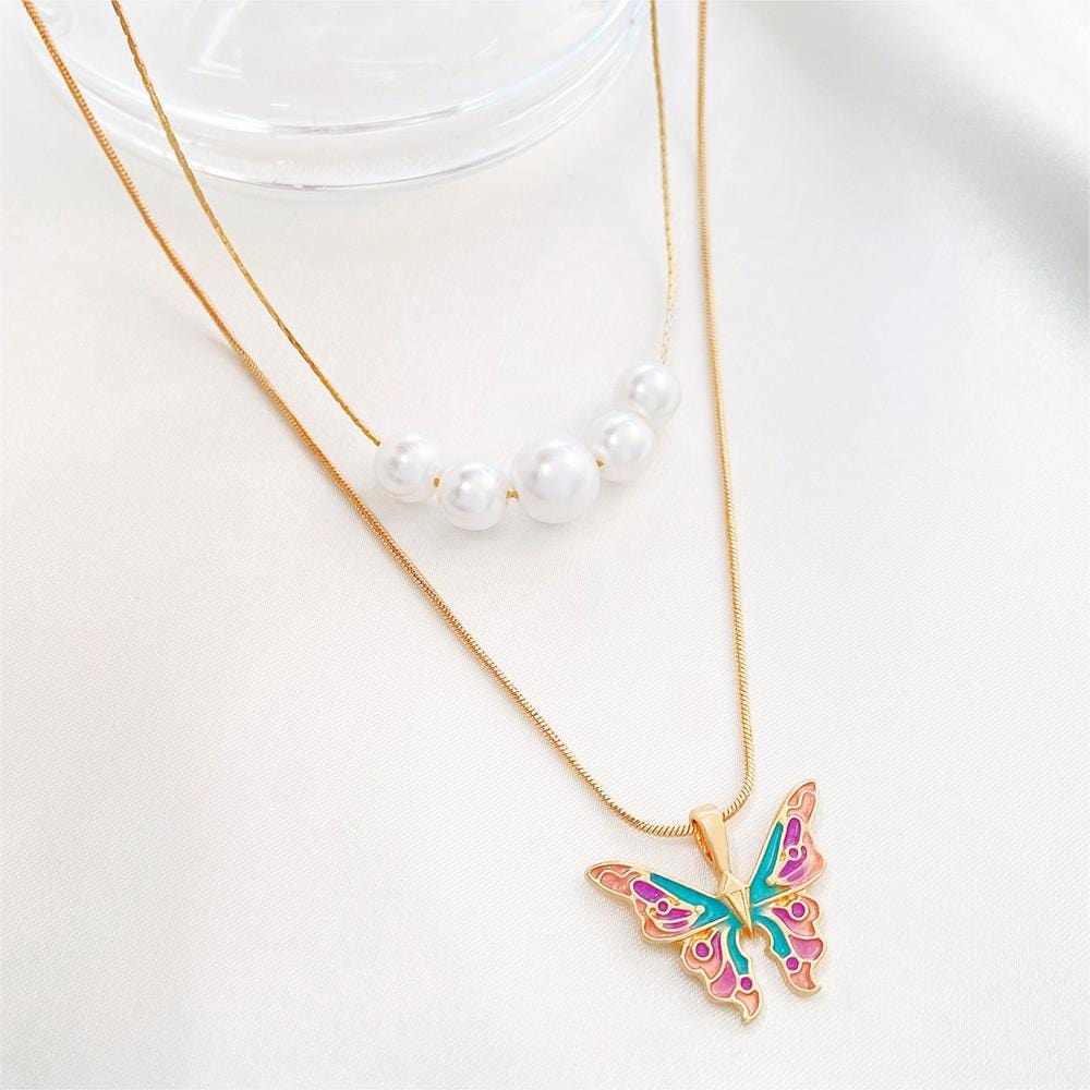 Kawaii Layered Pearl Charm Enamel Butterfly Necklace
