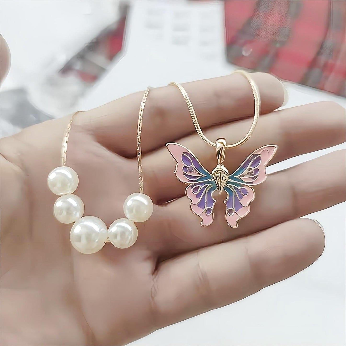 Kawaii Layered Pearl Charm Enamel Butterfly Necklace