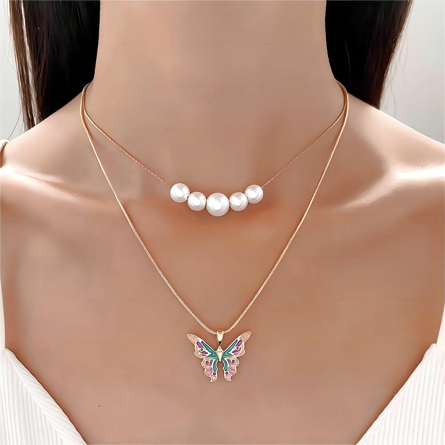 Kawaii Layered Pearl Charm Enamel Butterfly Necklace