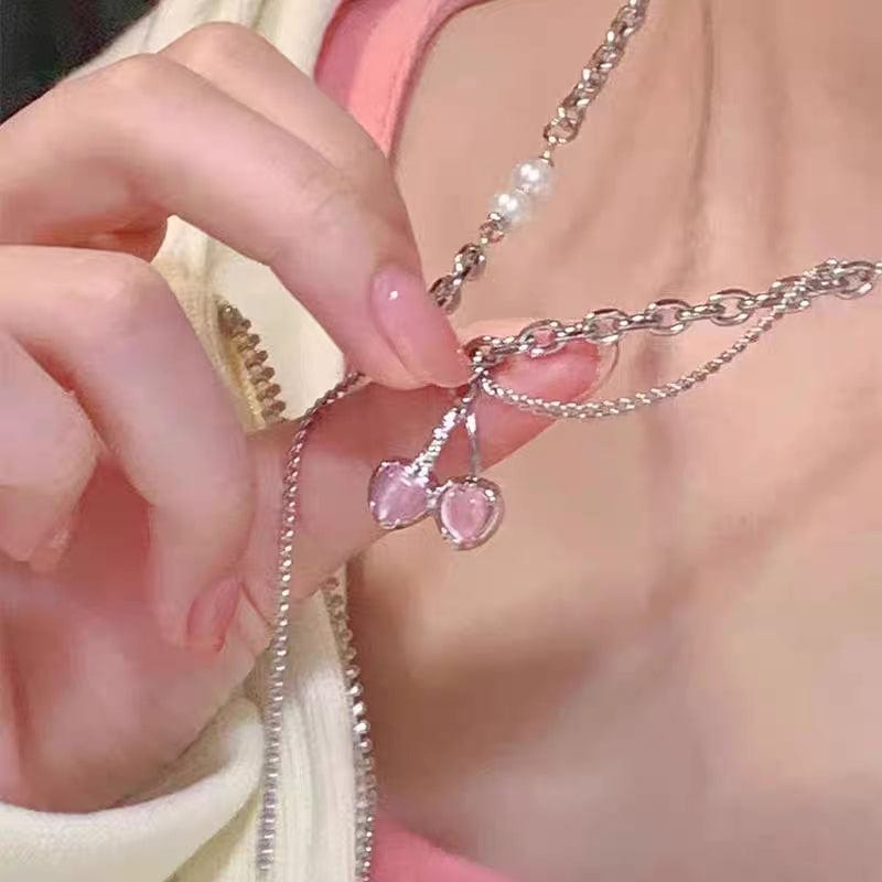 Layered Pearl Charm Pink Cherry Pendant Necklace
