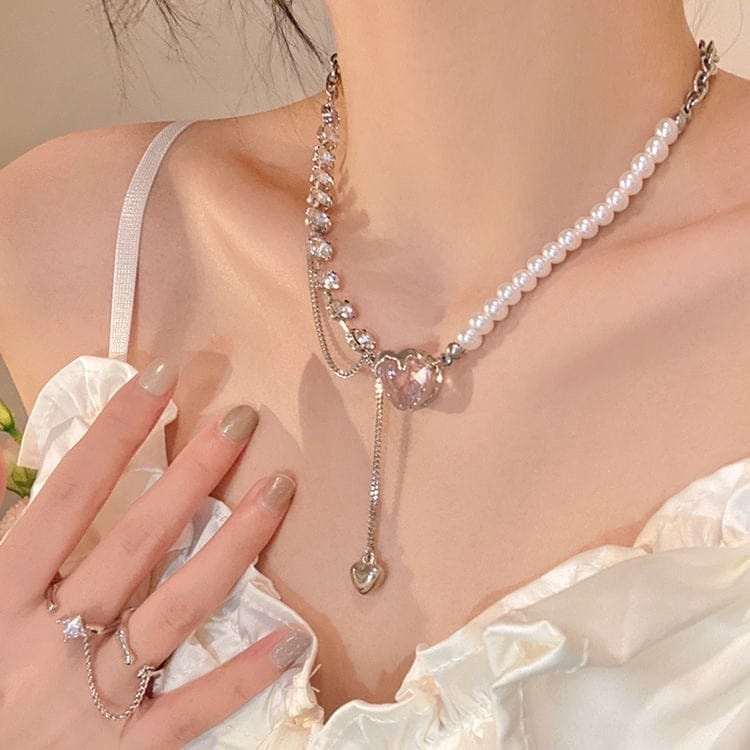 Pink Heart Pendant Cubic Zirconia Pearl Chain Necklace