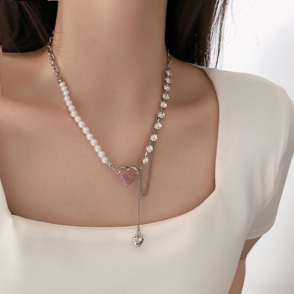 Pink Heart Pendant Cubic Zirconia Pearl Chain Necklace